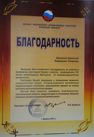Благодарность от Российского Союза боевых искусств